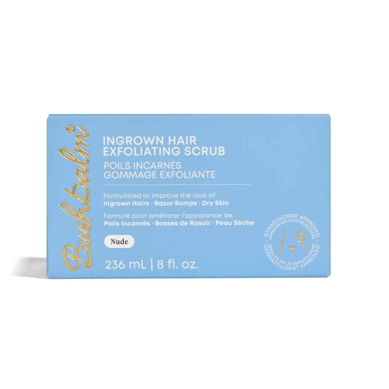 Blue box of Bush Balm Ingrown Hair Exfoliating Scrub on a white background